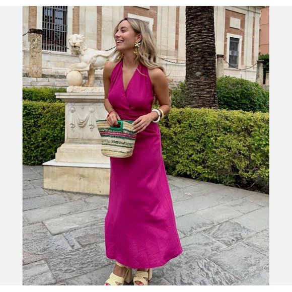 ZARA WOMEN HALTER LINEN BLEND MIDI DRESS MAGENTA FUCHSIA SIZE XS S M 3602/368 - Picture 2 of 4